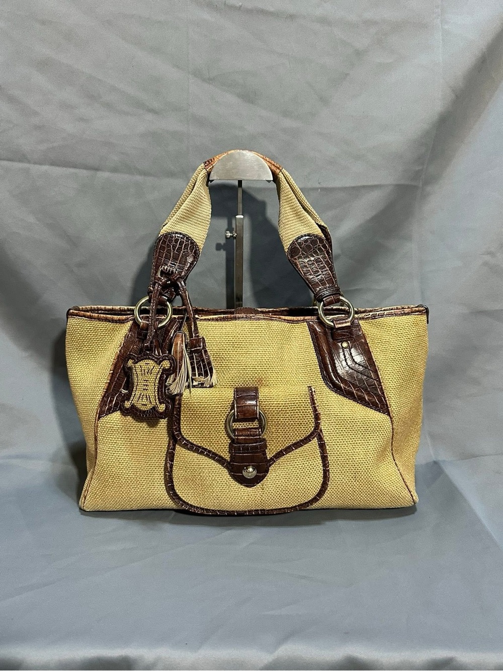 Celine Beige Canvas Tote with Brown Croc-Embossed Trim